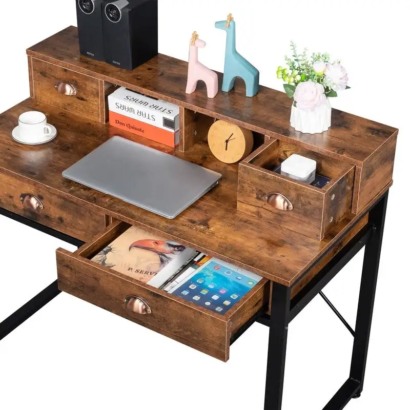 Black Steel Frame Particle Board 4 Drawers Computer Desk