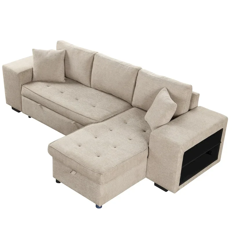 Roomfitters 3-Seater Modern L-Shape Reversible Sectional Couch, Pull-Out Sleeper Sofa with Storage Chaise and Two Stools