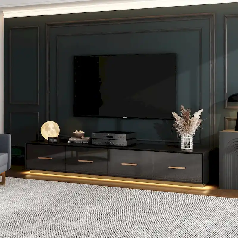 Black Entertainment Center Spacious Luxurious TV Stand Golden Accents