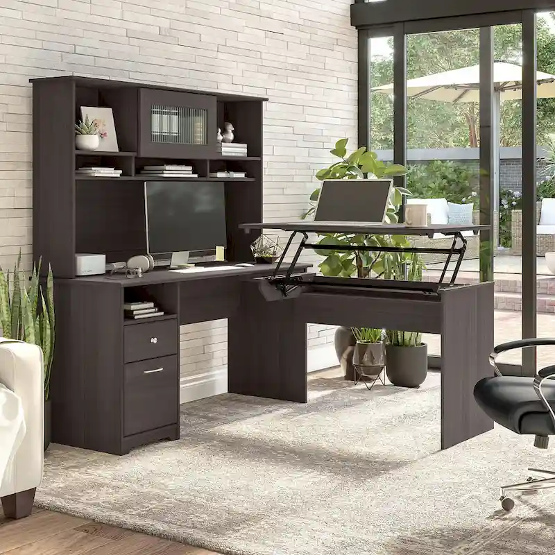 60W 3-position L-shaped Sit to Stand Desk with Hutch by
