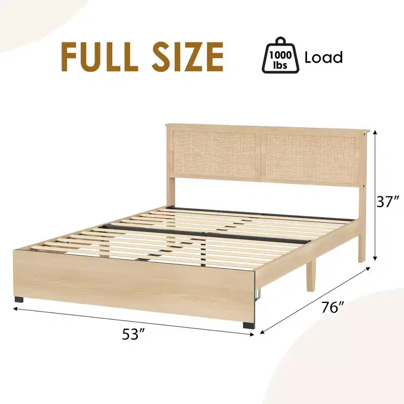 Natural Rattan Boho Platform Bed with 2 Drawers, Full, Sleeps 2