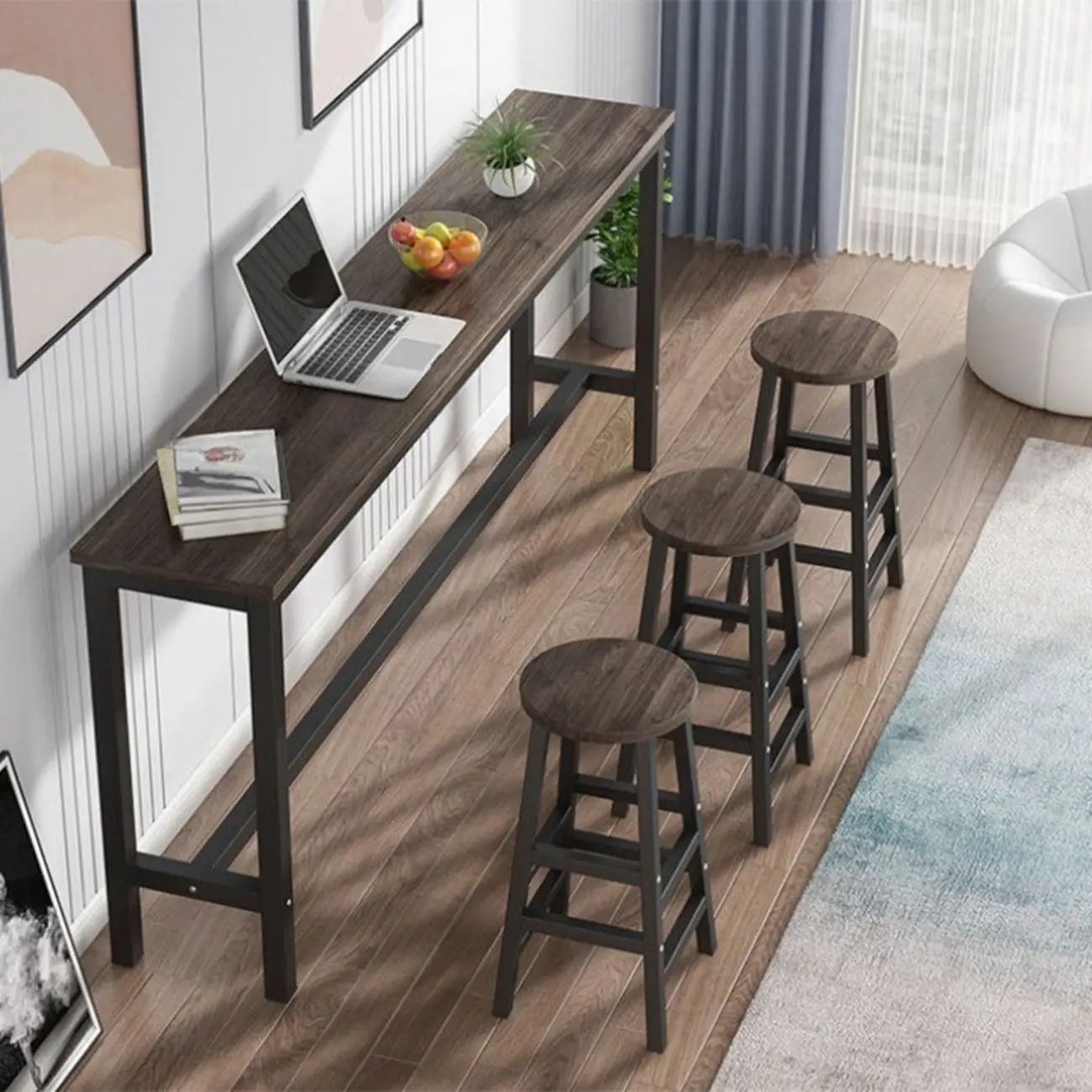 Grey Rectangle Wood Metal Footrest Bar Tables