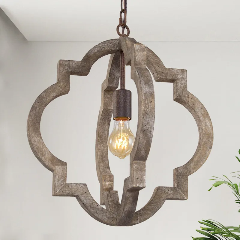 Farmhouse 1-Light Wood Lantern Chandelier Kitchen Island Pendant Lights - D 16 x H 17.5