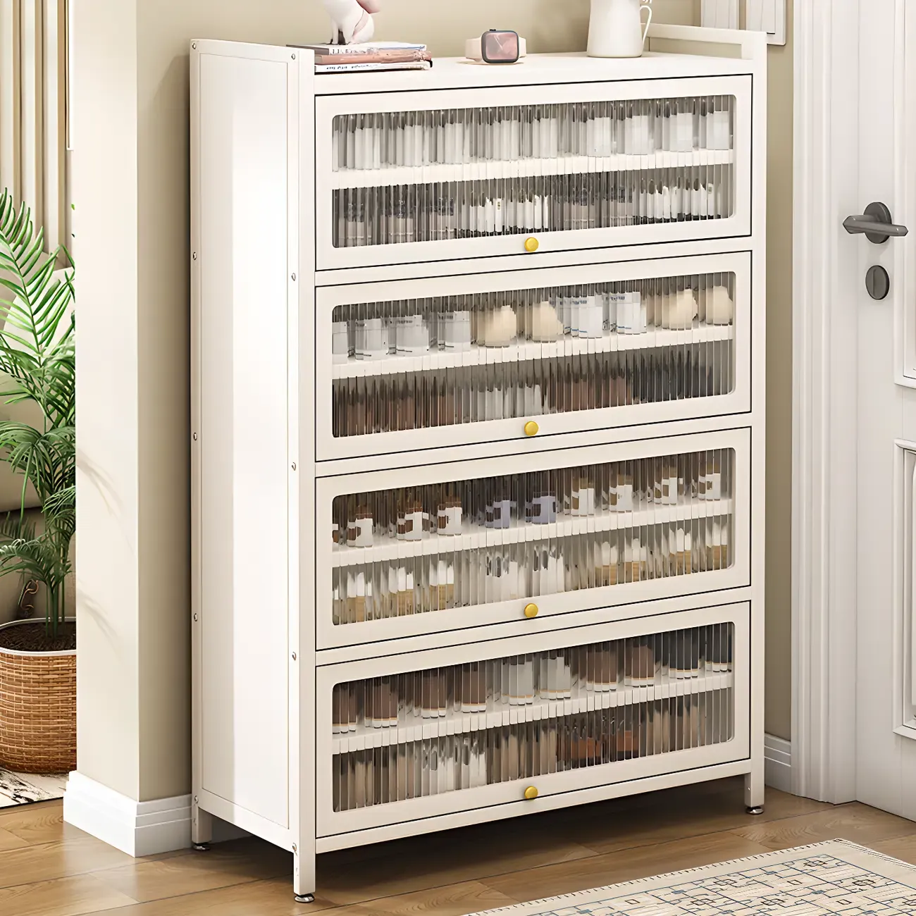 Flip-up Vertical White Shoe Storage with Glass Doors