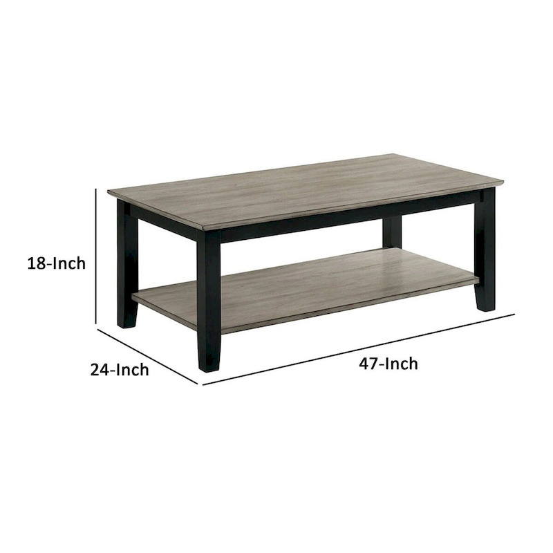 47 Inch Modern Rectangular Coffee Table, Single Shelf, Wood Grain, Gray