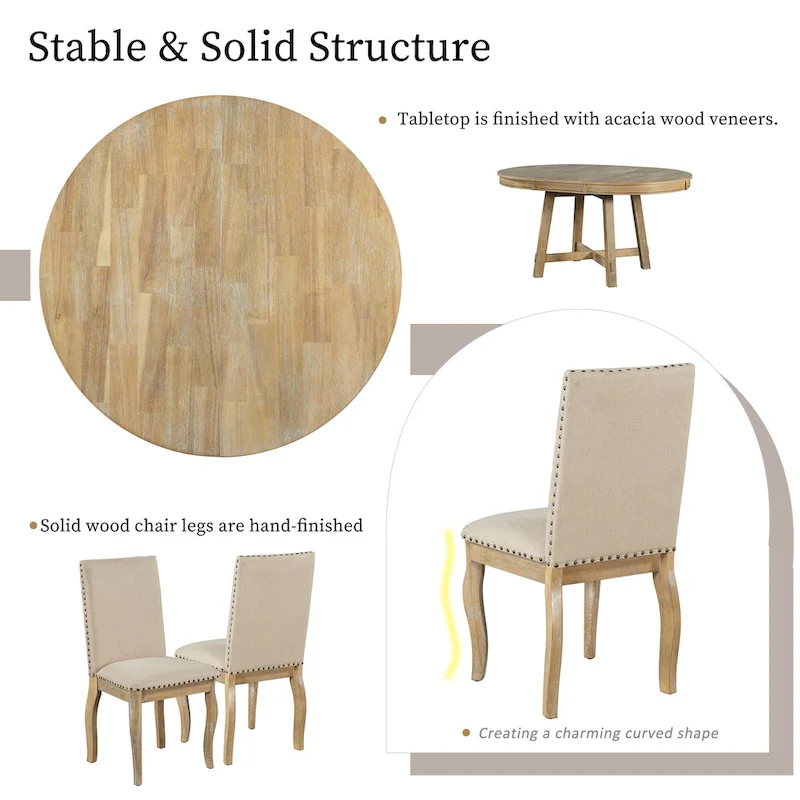 5 Piece Dining Table Set, Wooden Round Kitchen Dining Table Set with Extendable Dining Table and 4 Upholstered Dining Chairs