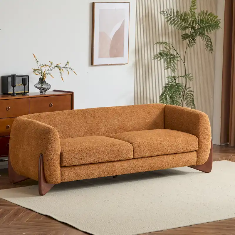Off-White Boucle 3-Seat Sofa with Birch Wood Legs