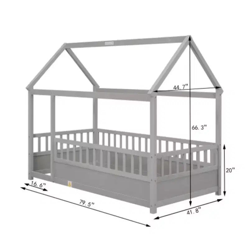 Gray / White House Roof Floor Bed with Fence Guardrails – Single