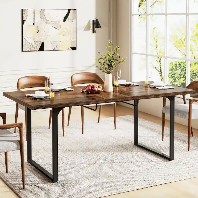 Extendable Dining Room Table for 6-8 people, Wood Rectangular Dinner Table with Metal Frame