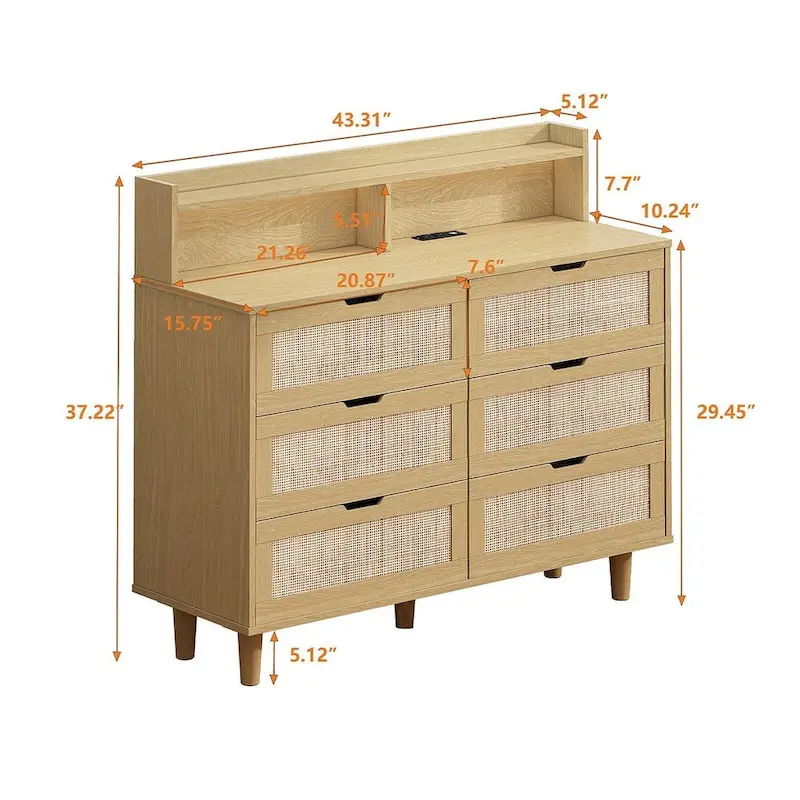 43-inch Wide 6-Drawer Dresser Cabinet with LED and Power Outlet