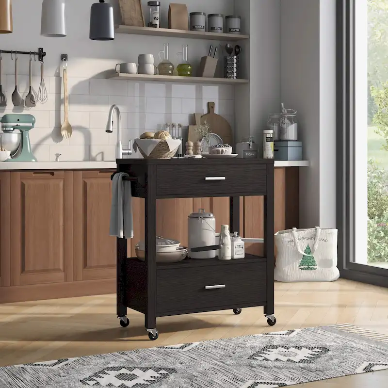 Modern 2-Drawer Caster Serving Cart with Towel Bar