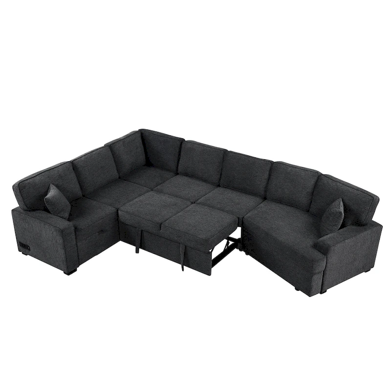 Black 126 L-Shaped 6-Seater Sofa with Pull-Out Bed and Cup Holders