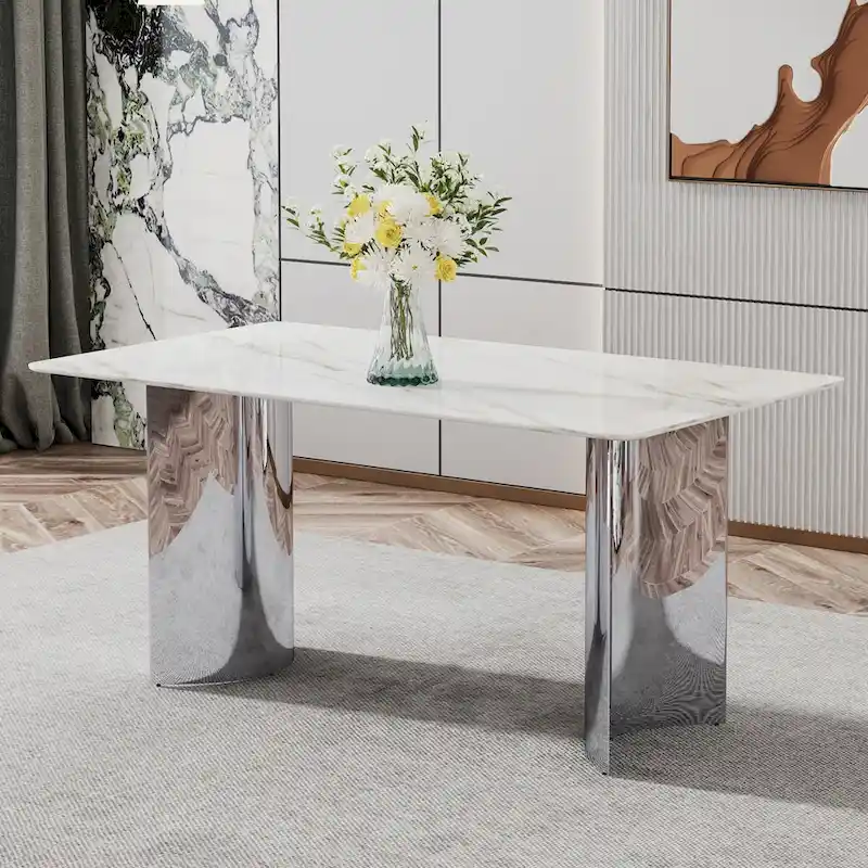 Modern minimalist dining table. White imitation marble glass sticker desktop
