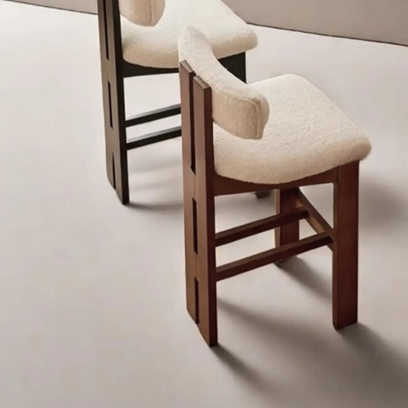 White Boucle Fabric Brown Wood Armless Bar Stools