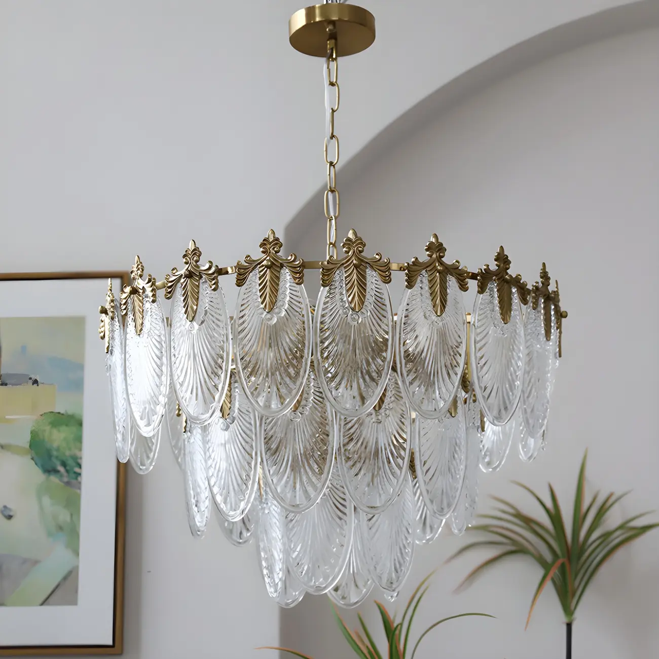 Elegant Brass Ribbed Glass Tiered Chandelier