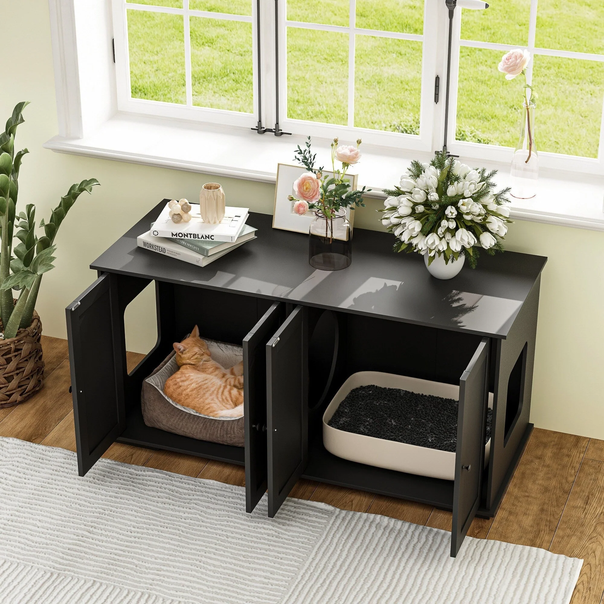 Double Pet Privacy Washroom Cat Litter Box Concealment Furniture