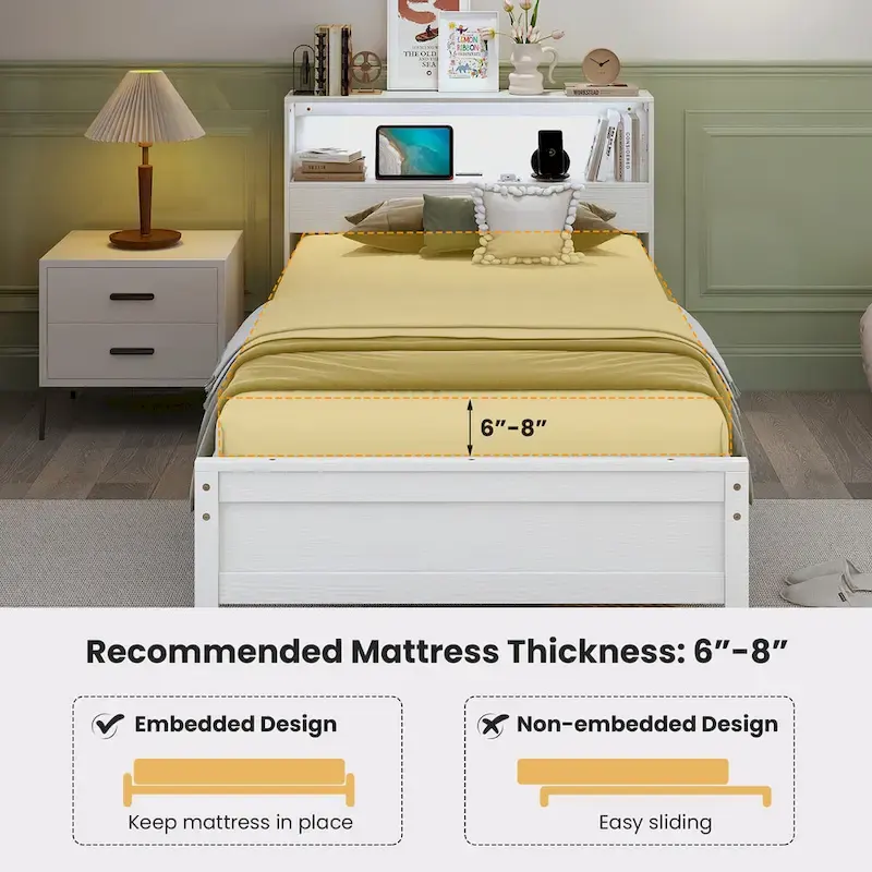 Single Wooden Bed Frame (with Charging Station and LED Lights)