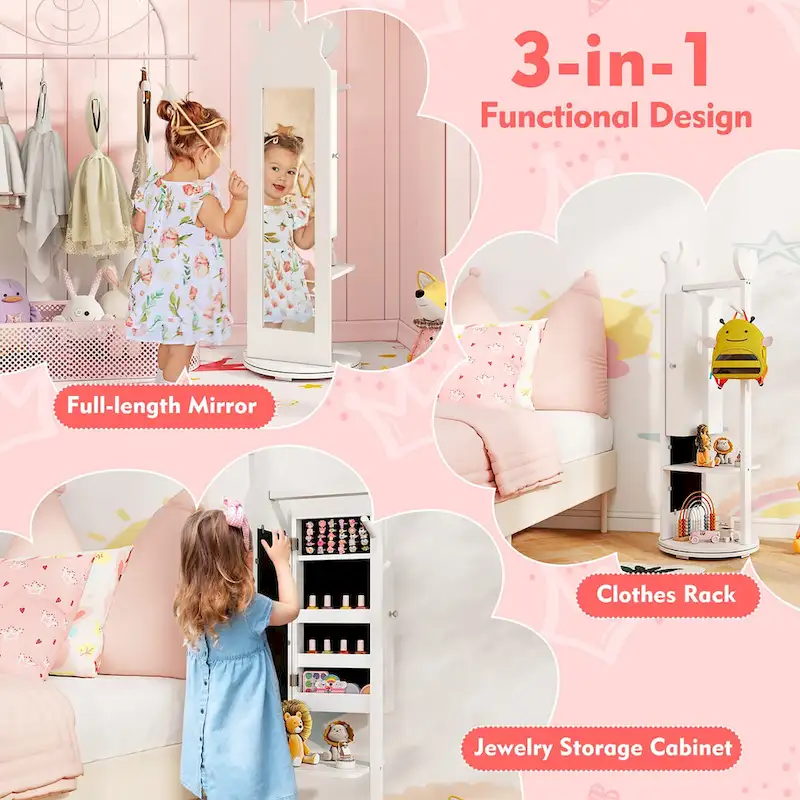 Gymax Kids Vanity Set Princess Makeup Dressing Table & Chair Set w/