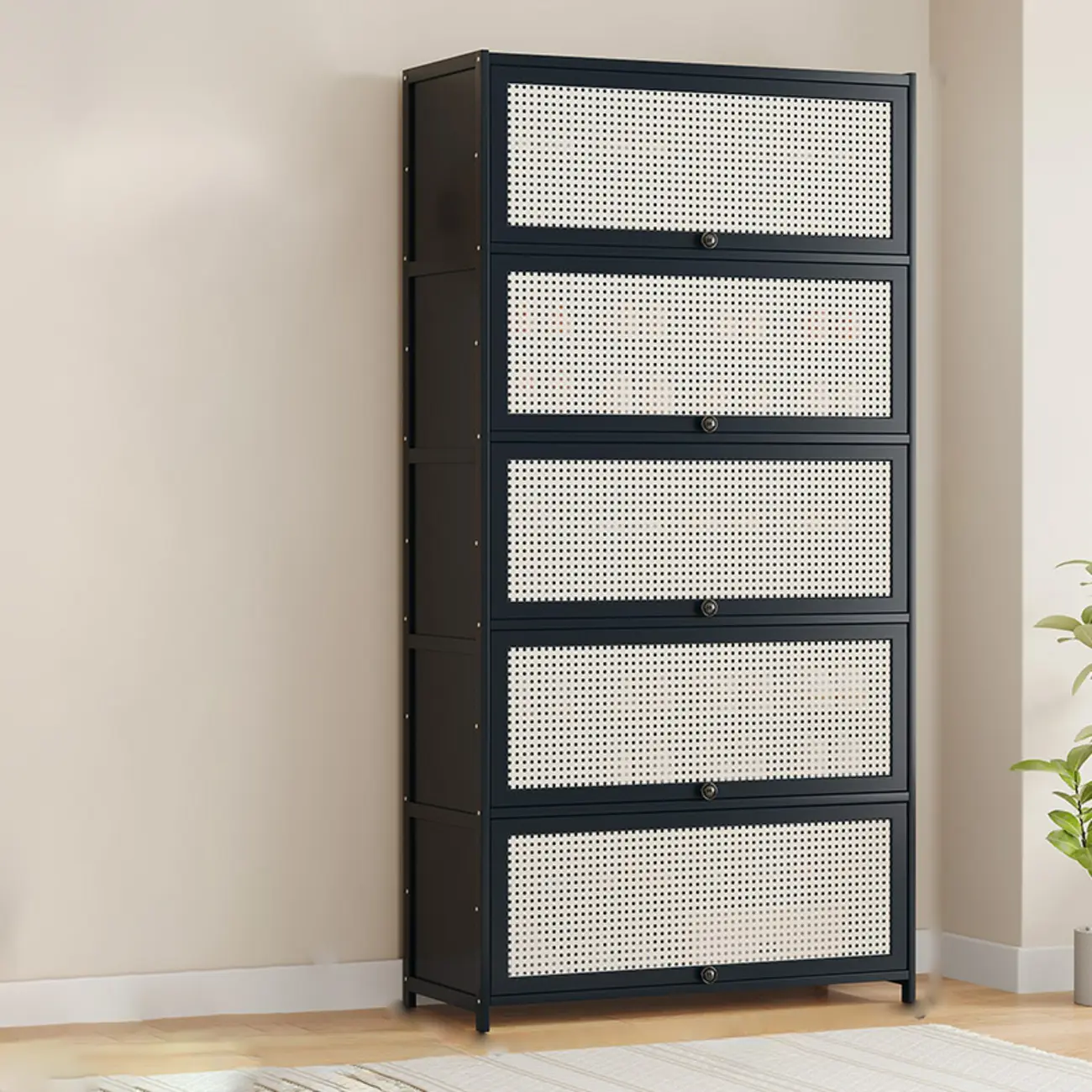 Modern Black Bamboo Shoe Cabinet with Rattan Panels