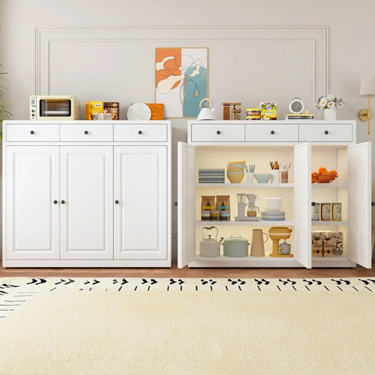 Narrow Metal White Buffet Cabinet with Drawer