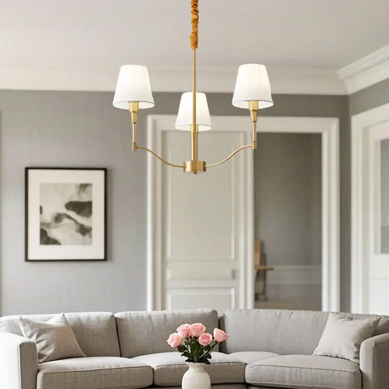 Modern 3-Light White Chandelier with Fabric Shades
