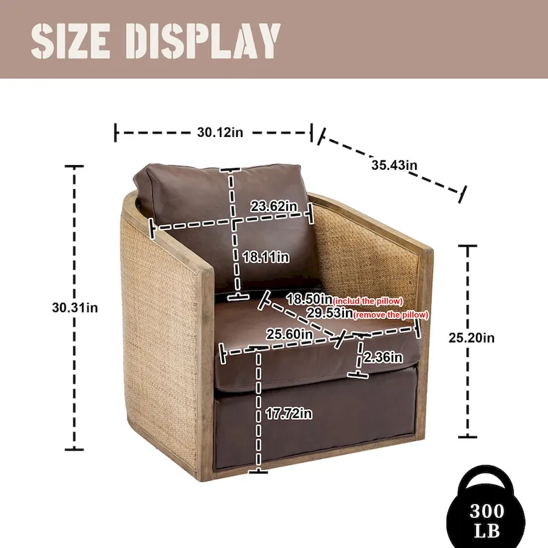 Boucle/Leather Upholstered 360 Degree Swivel Round Barrel Club Chair