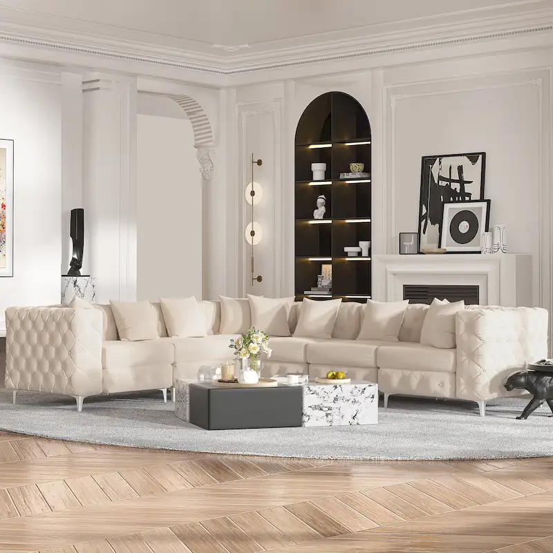 Large L-Shaped Modular Sofa, 6-Seat Velvet Sectional Couch