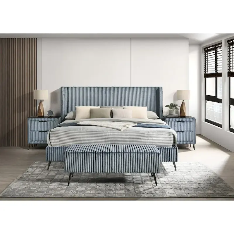 Roundhill Furniture Mavela Wide Wale Corduroy Upholstery Panel Bed with 2 Nightstands and Bench, Blue