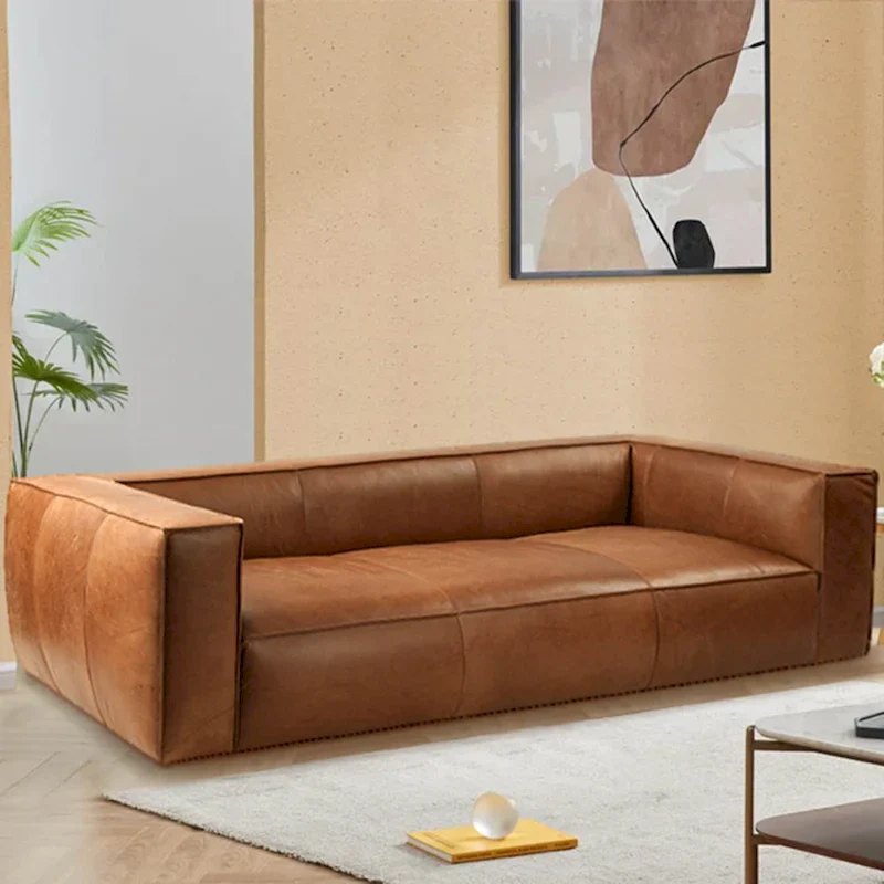 Brown/Light Brown Genuine Aniline Leather Sofa, Square Arms, 100