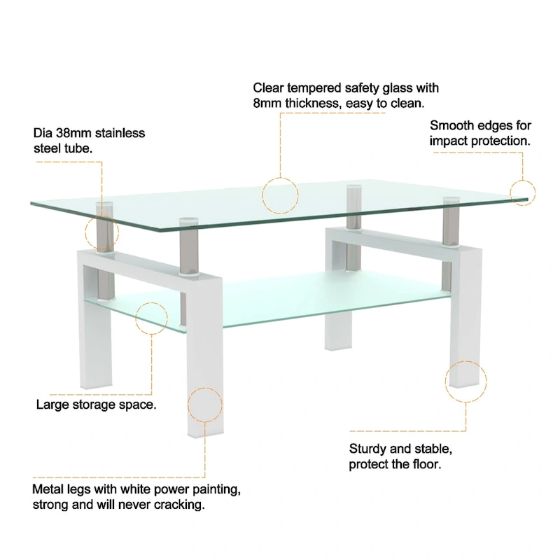 Rectangle Coffee Table Glass Tabletop with Lower Shelf