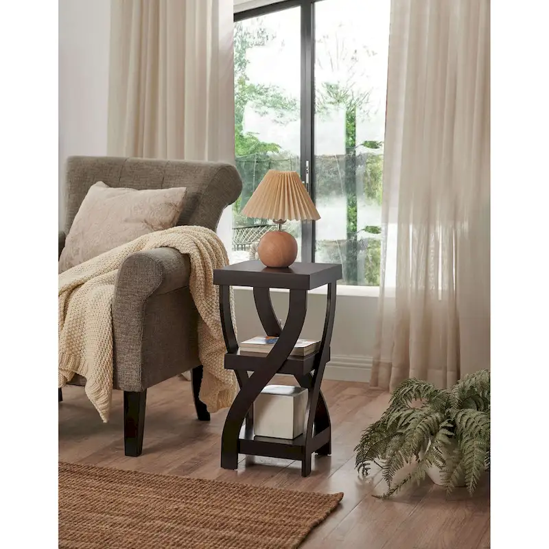 Espresso Wood Side Table with Curved Legs - 2 Storage Shelves