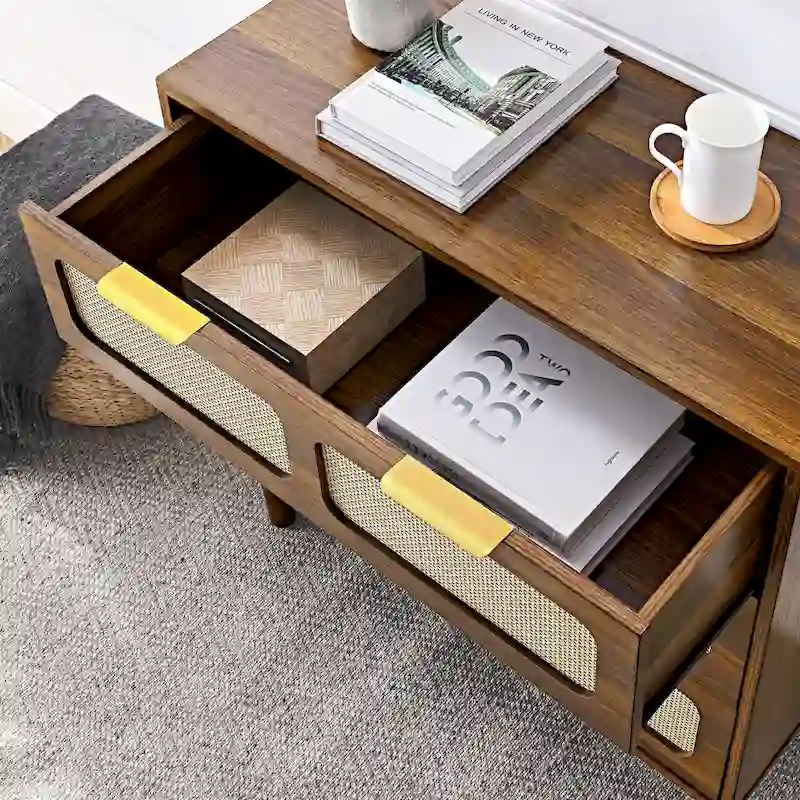 Farmhouse Wooden Storage Chest,Modern Rattan Dresser Cabinet with 3 Wide Drawers and Metal Handles