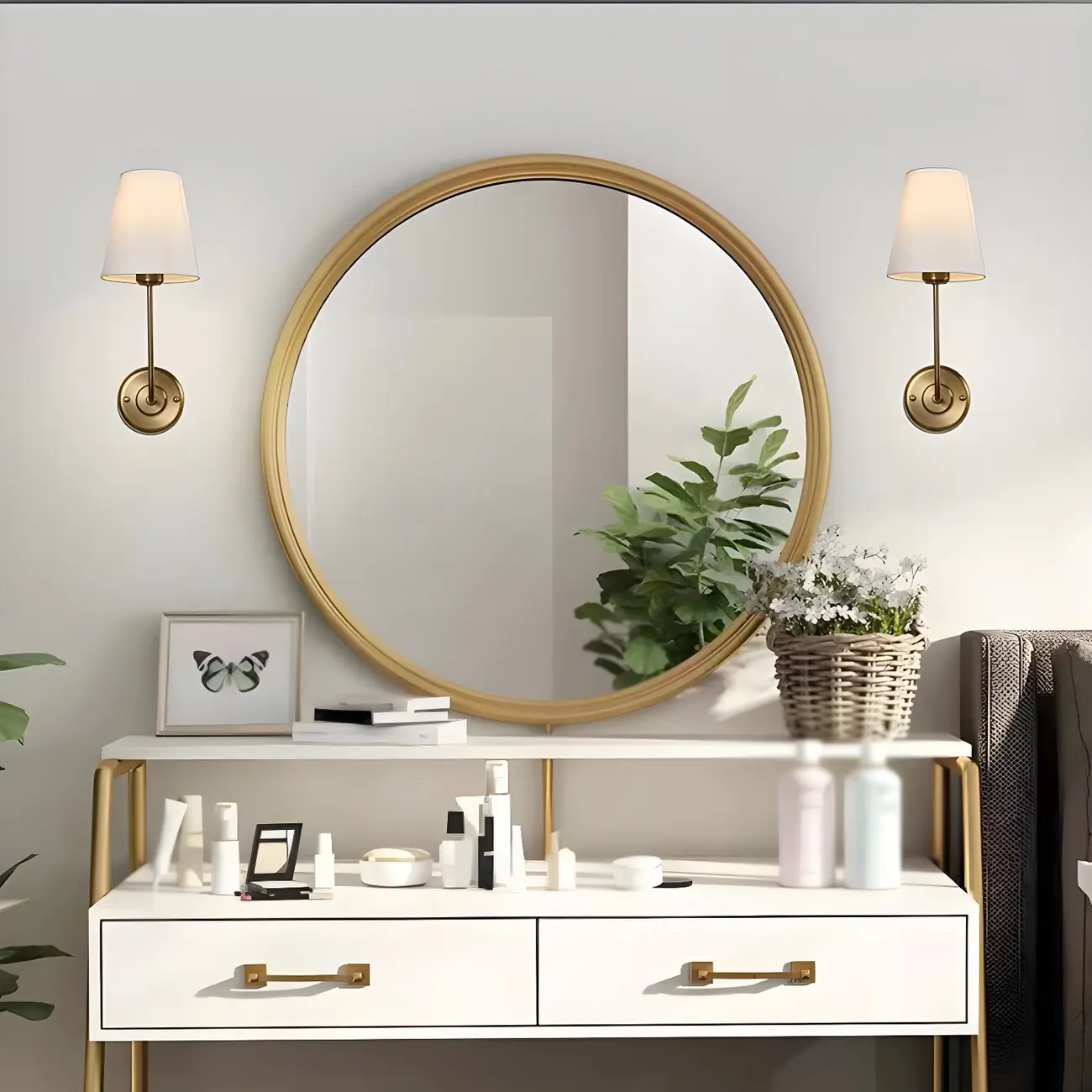 Modern Brass Glam Vanity Light with Fabric Shade