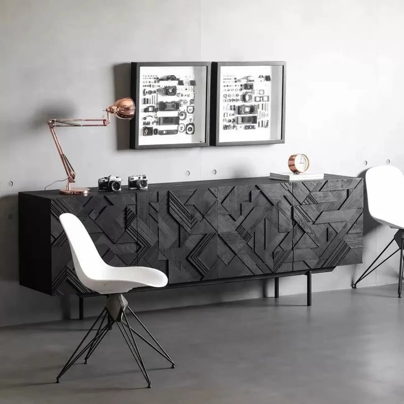 Modern Black Geometric Wooden Buffet Table with Cabinets
