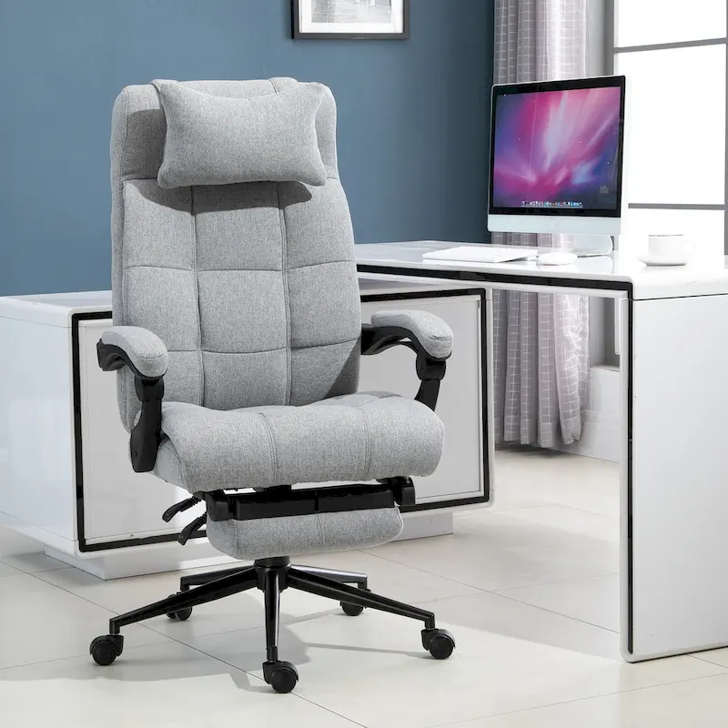 Executive Linen Fabric Home Office Chair with Retractable Footrest, Headrest, and Lumbar Support