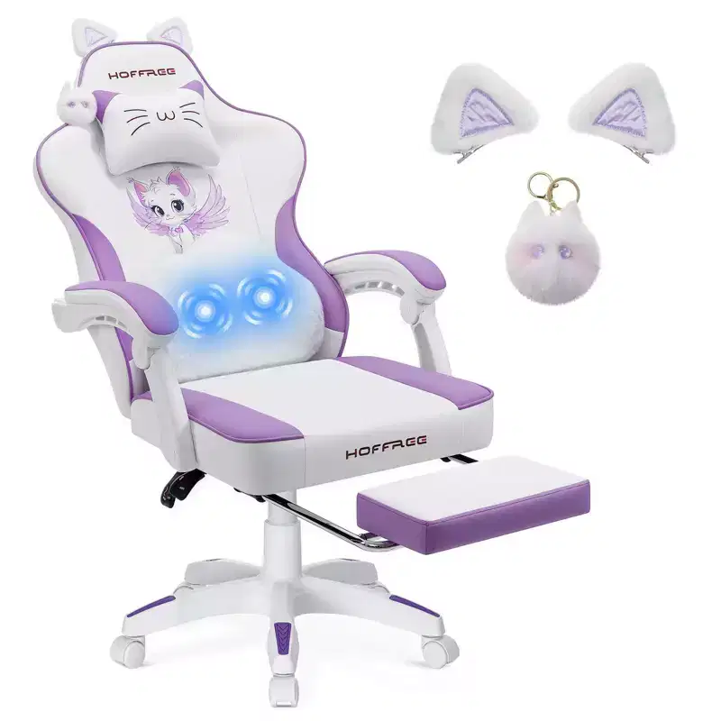 Hoffree Cute Pink Gaming Chair Girls Ergonomic Desk Chair with Footrest & Massage Lumbar