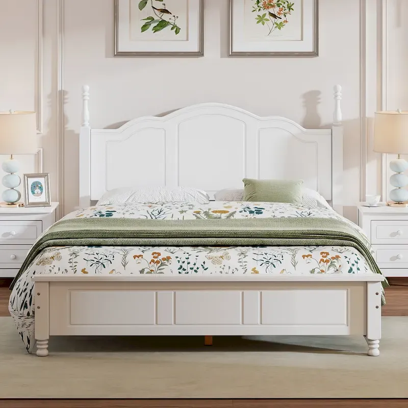 Retro Style Queen Size Platform Bed, Wood Platform Bed Frame with Solid Wooden Slat Support & Curved Headboard Panel Bed