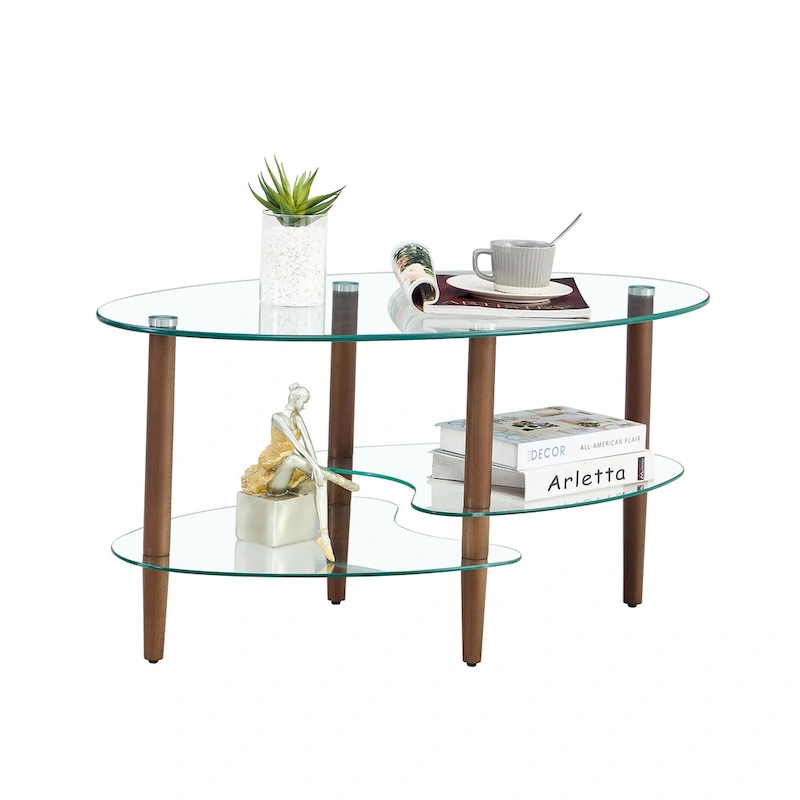 Oval glass coffee table, Transparent coffee table, modern table in living room with Oak wood legs, tea table