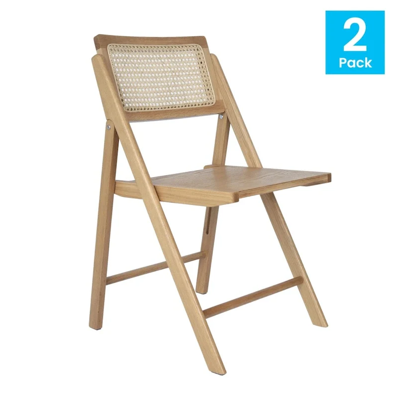 Folding Armless Cane Rattan Chairs with Breathable Woven Backrests - 2 Pack