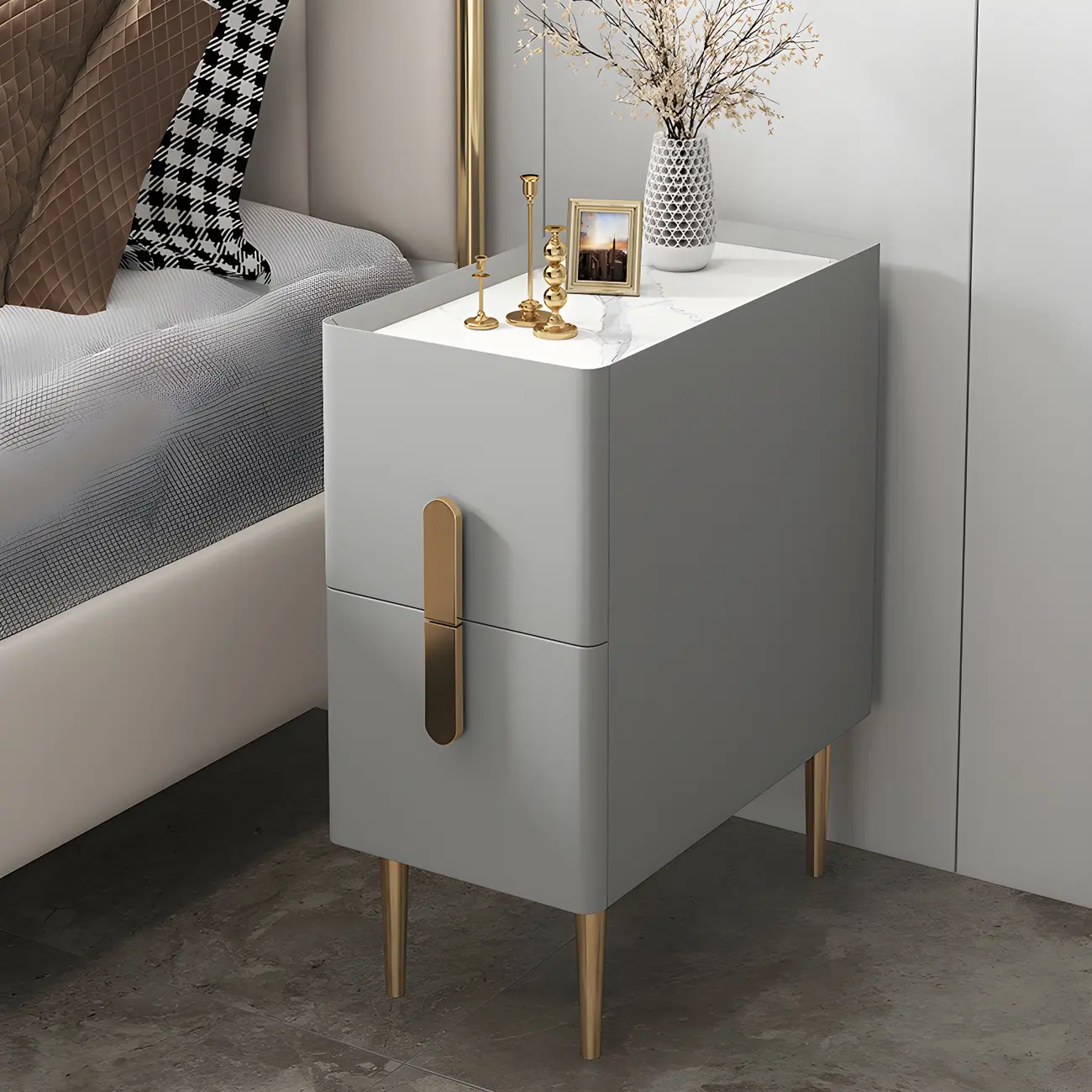 Modern Stone Countertop Faux Leather Nightstand with 2 Drawers