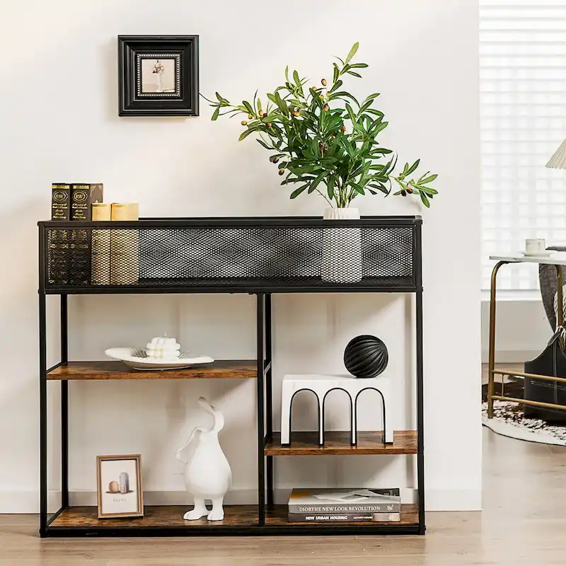 4-Tier Console Table w/ Wire Basket Narrow Sofa Table w/ shelf