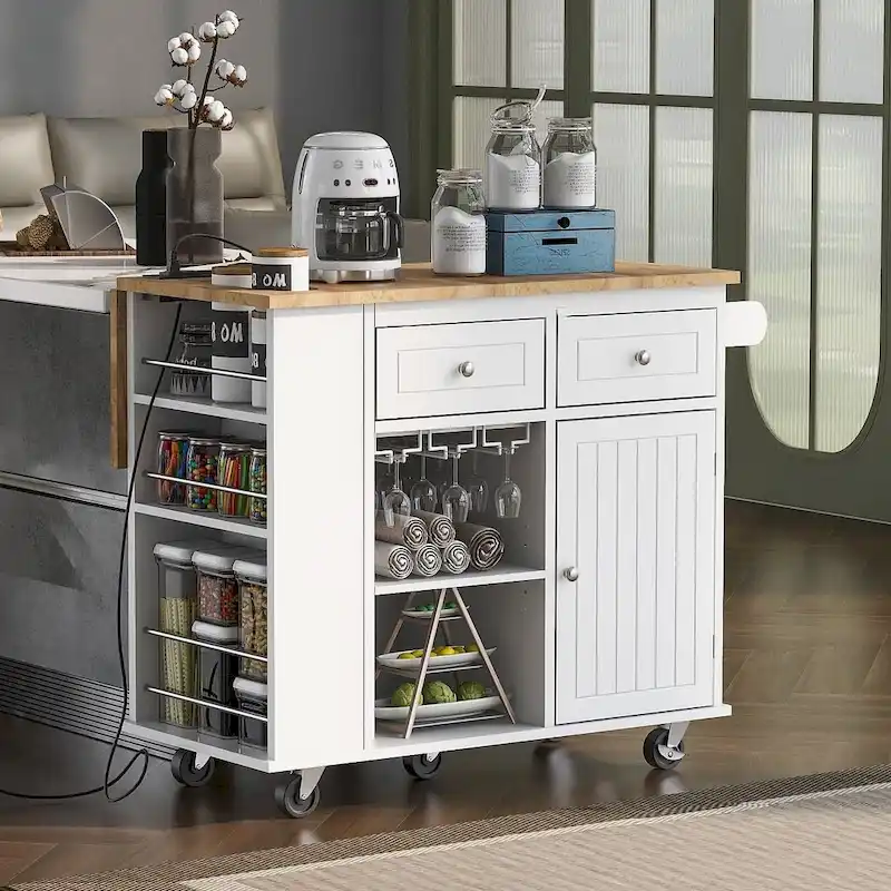 Kitchen Island Cart with Wheels ,Power Outlet, Drop Leaf, Wine Rack