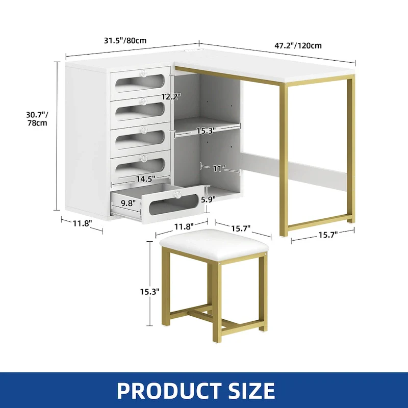 Moasis 5 Drawers L-Shape Nail Desk Set with Cushioned Stool and LED Light