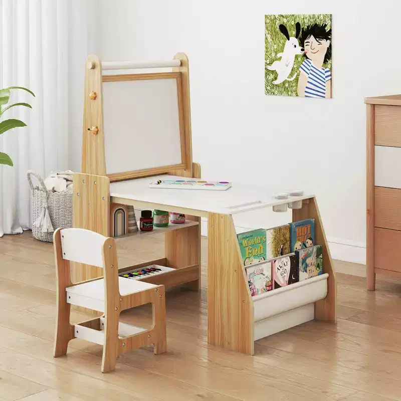 Costway Kids Art Table and Chair Set with Easel & Chair Whiteboard & Chalkboard Paper Roll