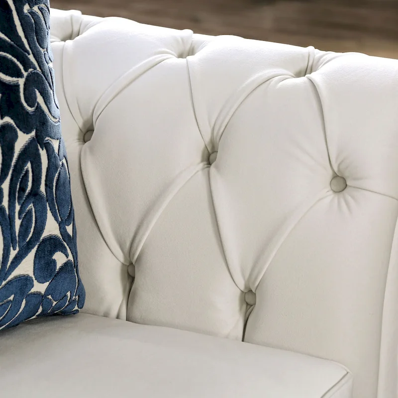 Addae Glam White Fabric Upholstered Rolled Arms Tufted Sofa by Furniture of America
