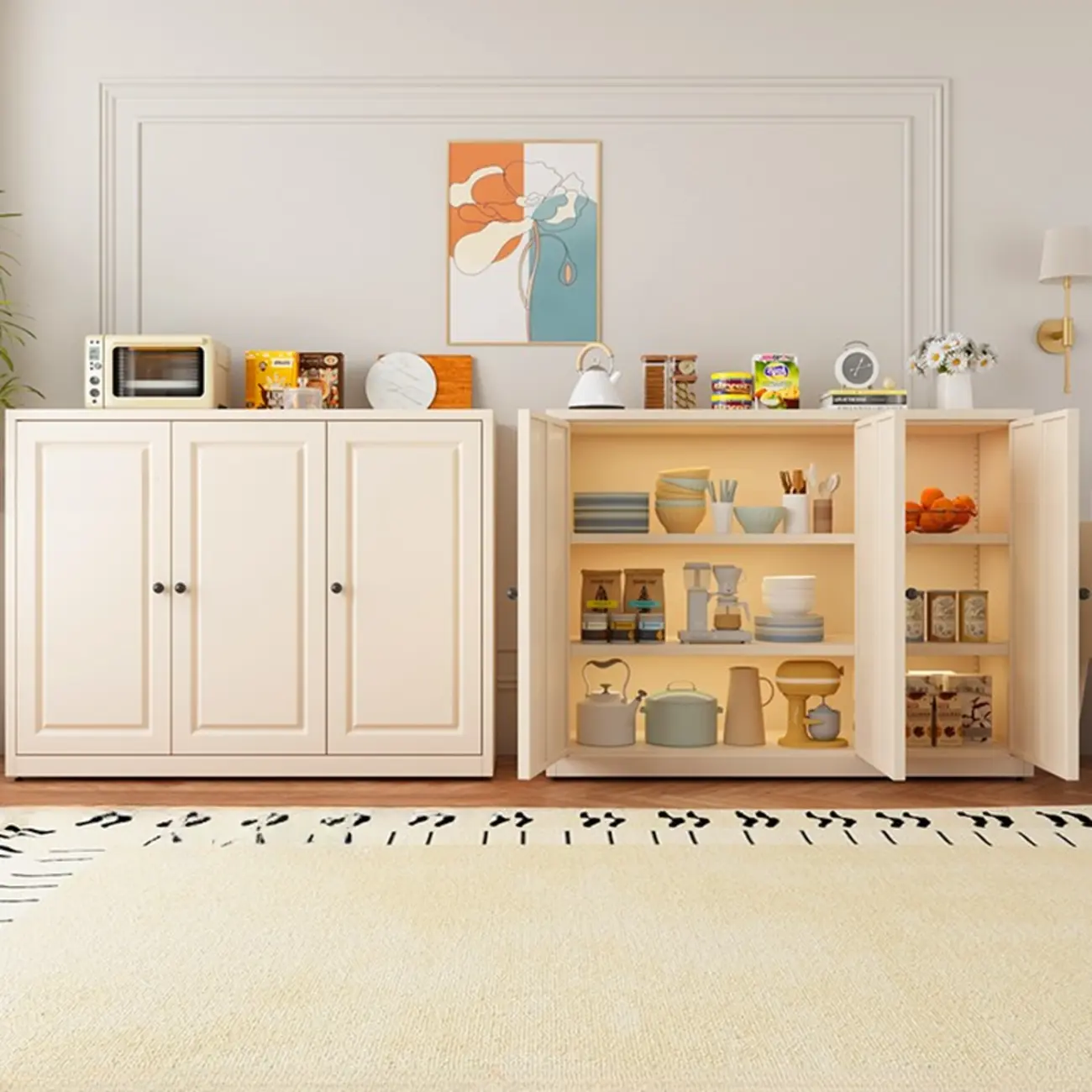 Narrow Metal White Buffet Cabinet with Drawer