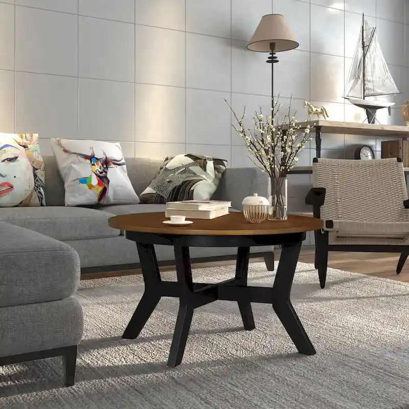 Mid Century Circle Wooden Coffee Table for Living Room Farmhouse