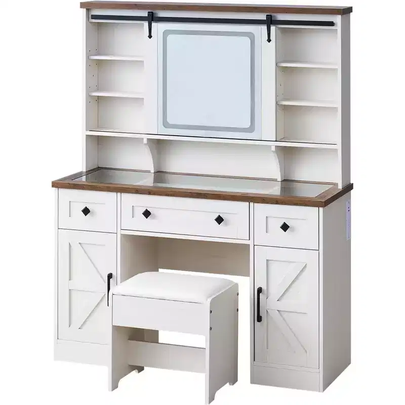 Antique White Farmhouse Makeup Vanity Desk with Sliding Mirror, 1-Person