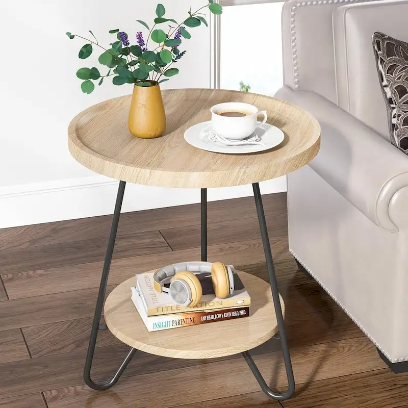 2-Tier Round Side Table, Wooden End Table with Metal Legs