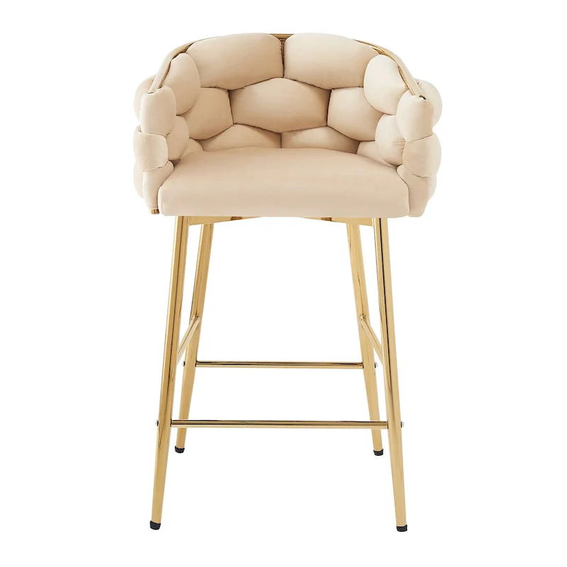 Set of 2 Bar Stools with Velvet Padded Seat and Metal Legs